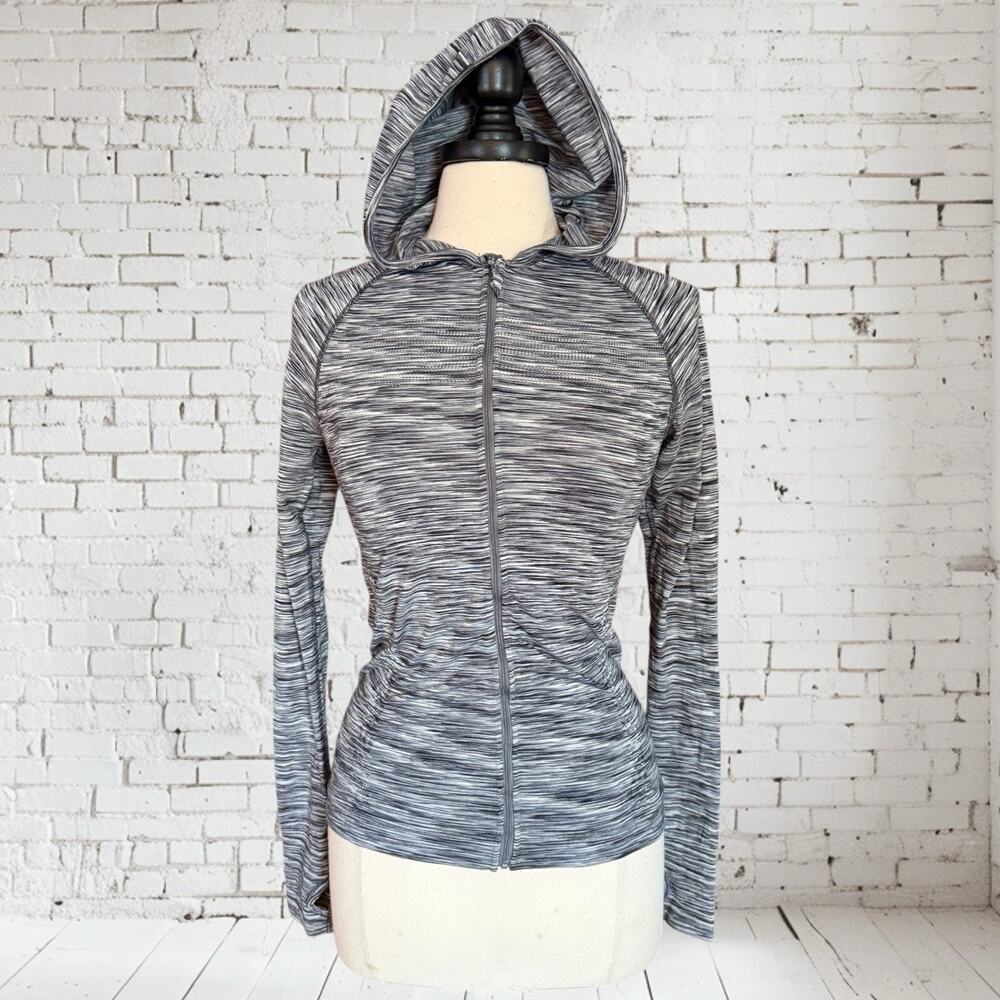 Athleta Full Zip Jacket Hooded Track Jacket‎ Sz M Space Dye Gray Ruched Sides